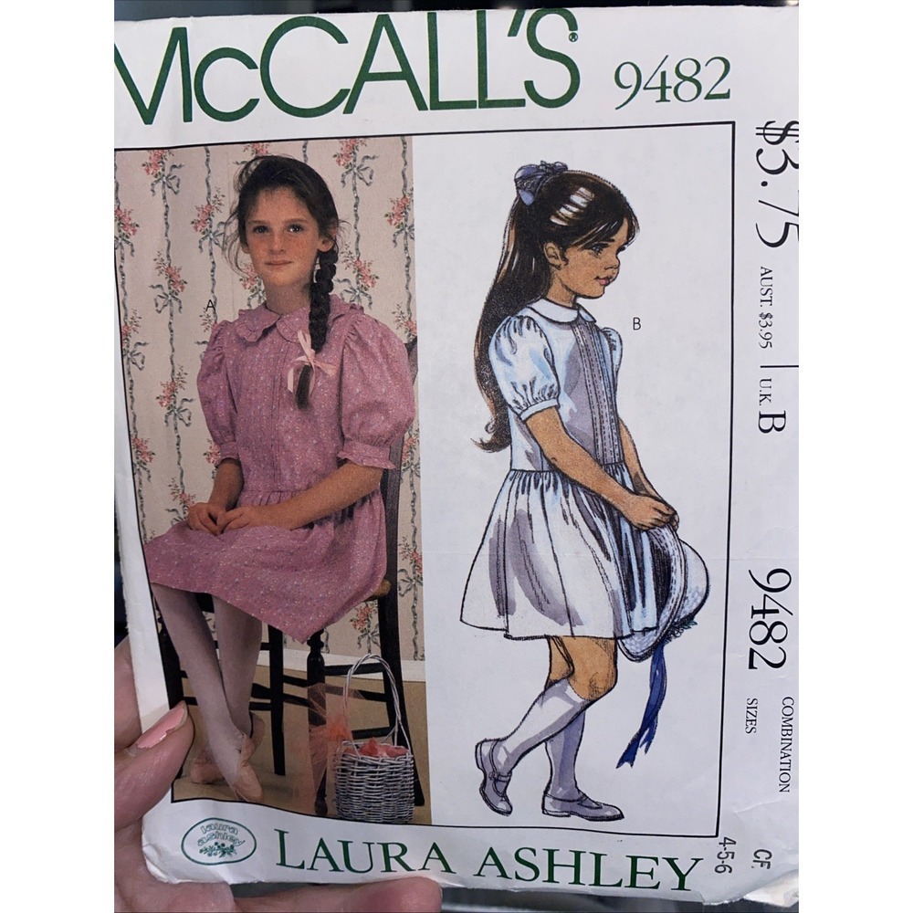 Vintage 80s McCalls Pattern 9482 Girls Laura Ashley Low Waisted Dress 4-6 Cut